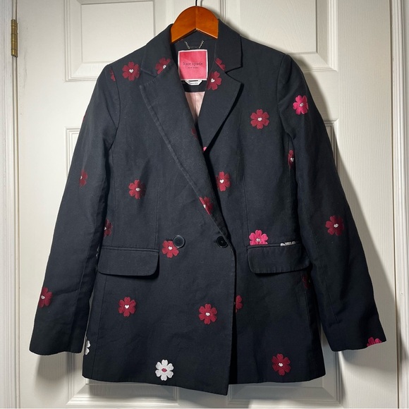 KATE SPADE ♠️ Floral Lip Design Black Blazer Jacket Size 2 - Picture 1 of 7